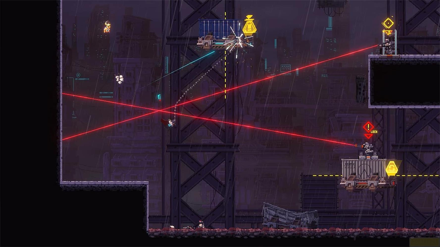 Un robot combat avec des rayons laser rouges dans une ville industrielle pluvieuse.