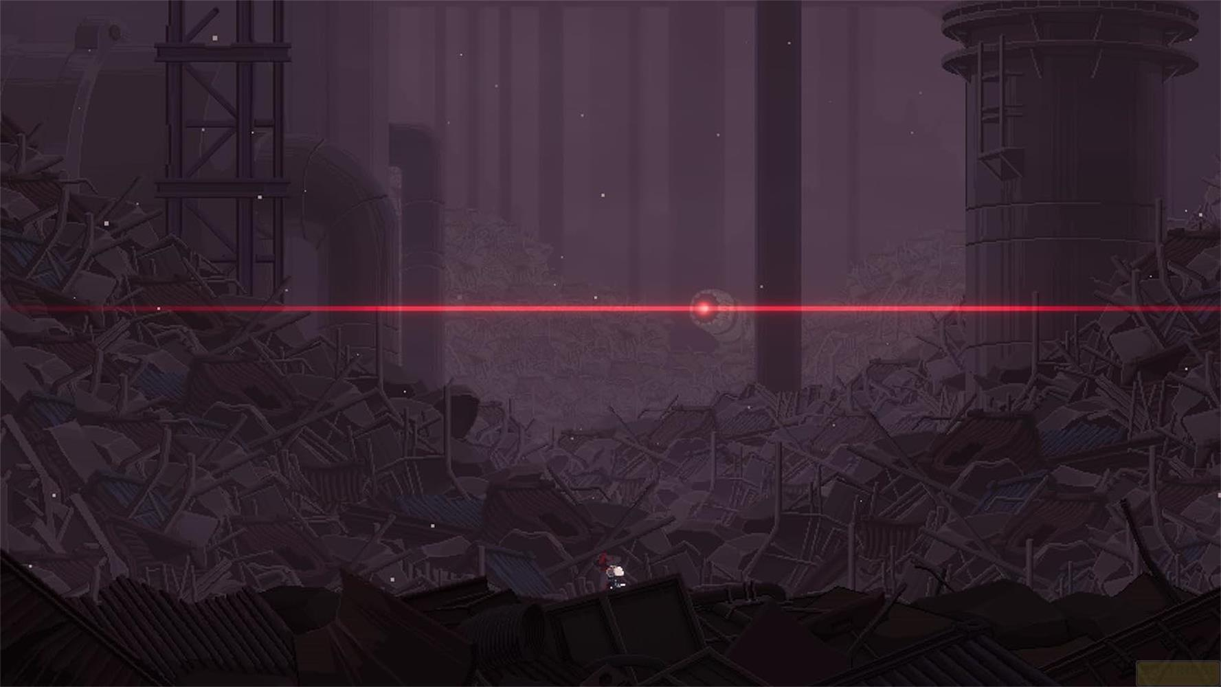 Un personnage solitaire se tient sur des débris, un laser rouge traverse la scène.