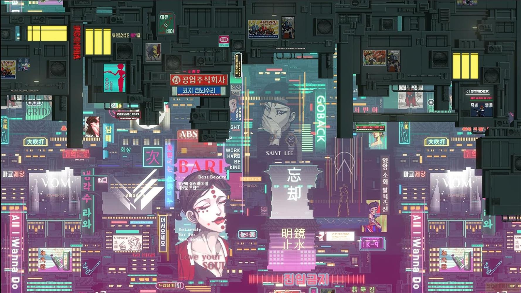 Un paysage urbain cyberpunk dystopique avec de nombreuses lumières et enseignes au néon.