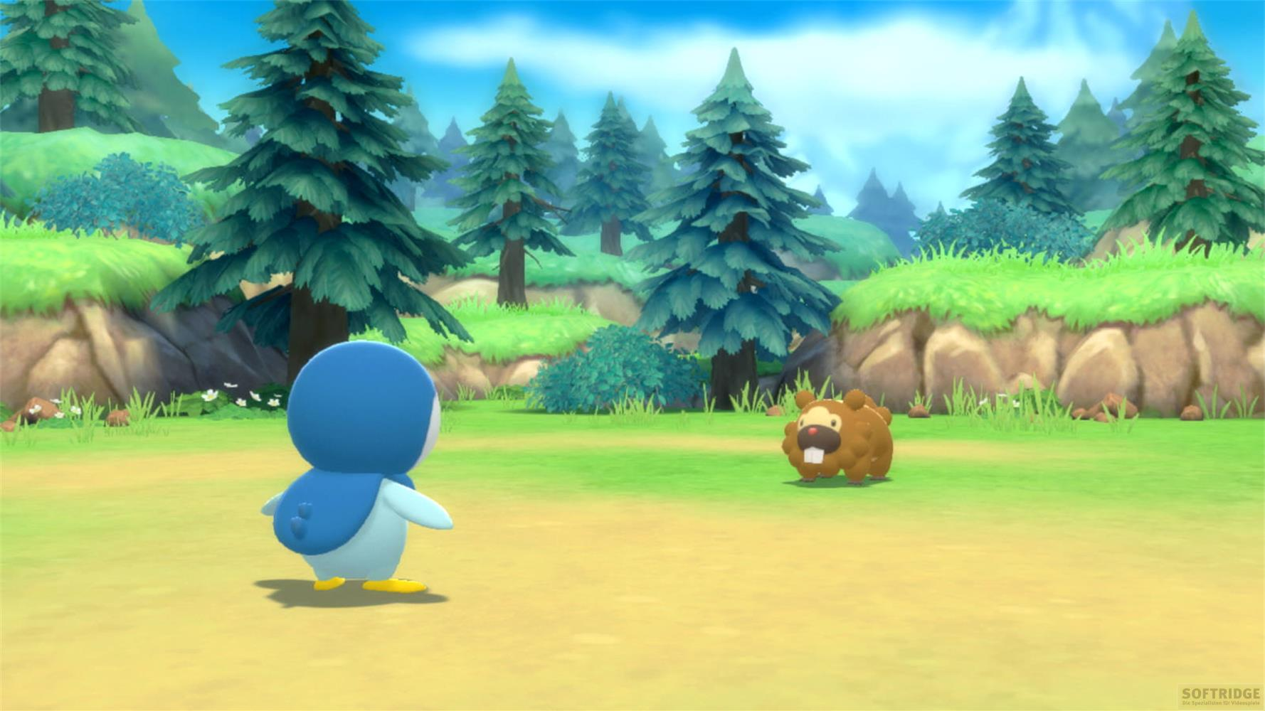 Un personnage pingouin bleu fait face à un personnage castor marron dans un paysage forestier.