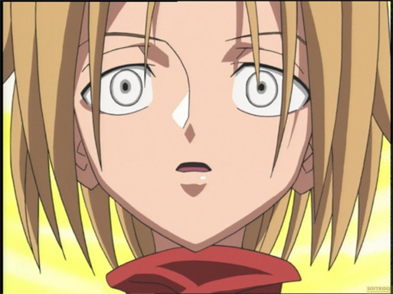 Anime-Charakter mit blonden Haaren, weiten Augen und rotem Schal.