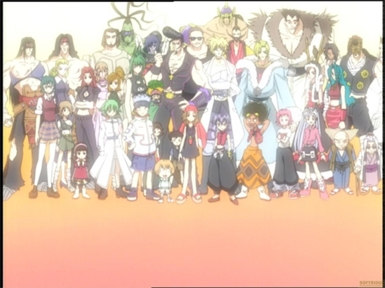 Eine Gruppe von Anime-Charakteren steht nebeneinander, mit einem orangefarbenen Hintergrund.