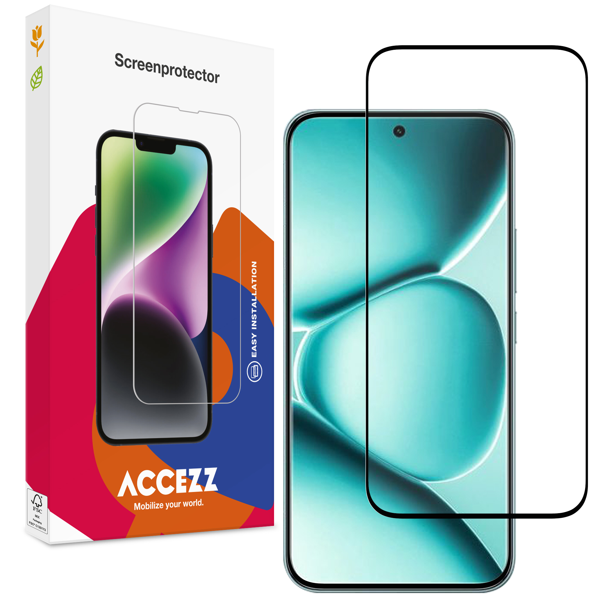 Verpakking en screenprotector voor smartphone met turquoise achtergrond.