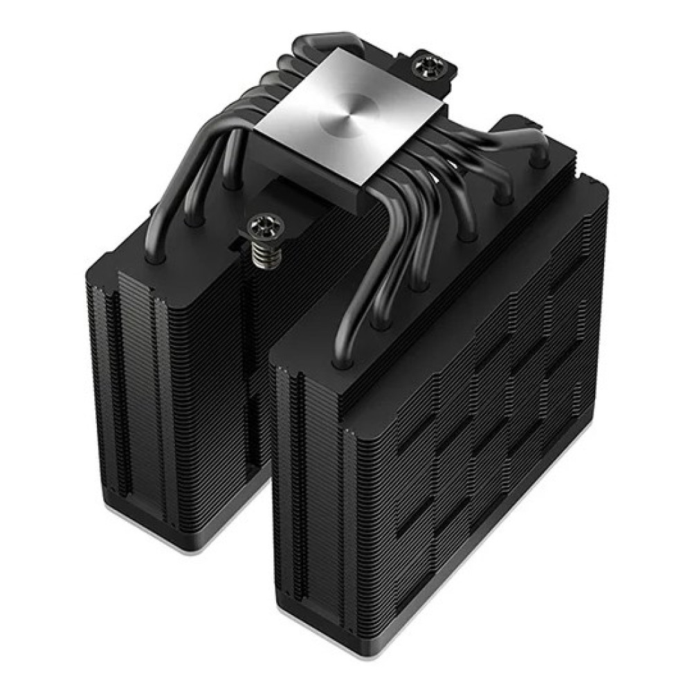 Czarna chłodnica CPU z podwójnymi radiatorami i miedzianymi ciepłowodami.