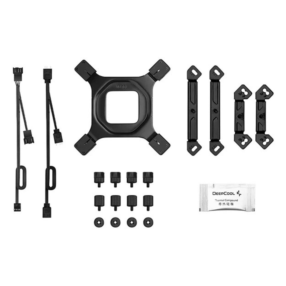 Czarne części montażowe chłodzenia PC z kablami, wspornikami, śrubami i pastą termoprzewodzącą.