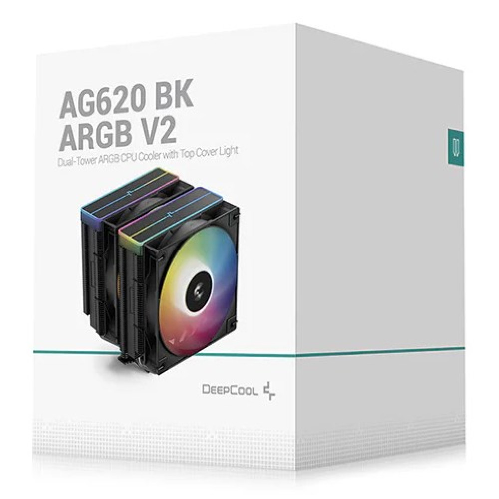 Dwóch wież chłodnicy CPU z oświetleniem ARGB i światłem na górze.