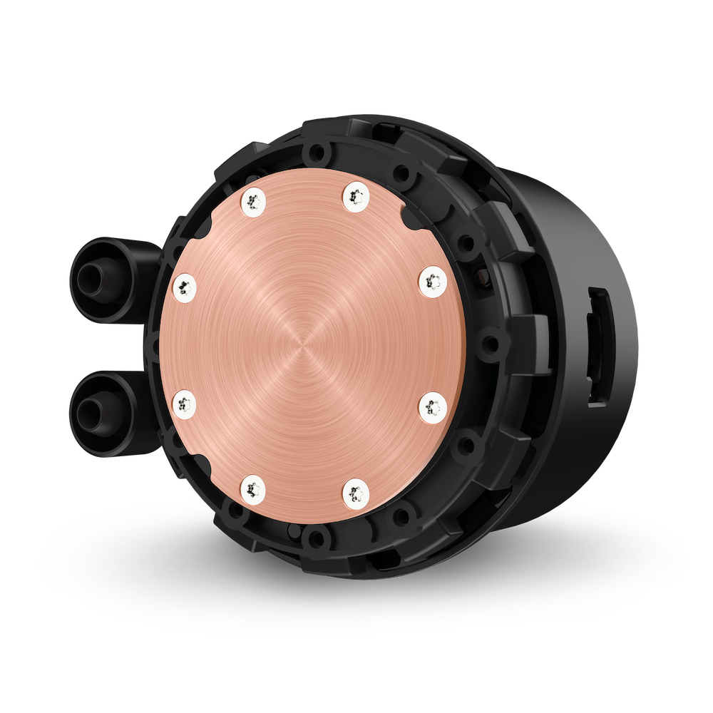 Black water cooler with a round copper plate and silver screws.