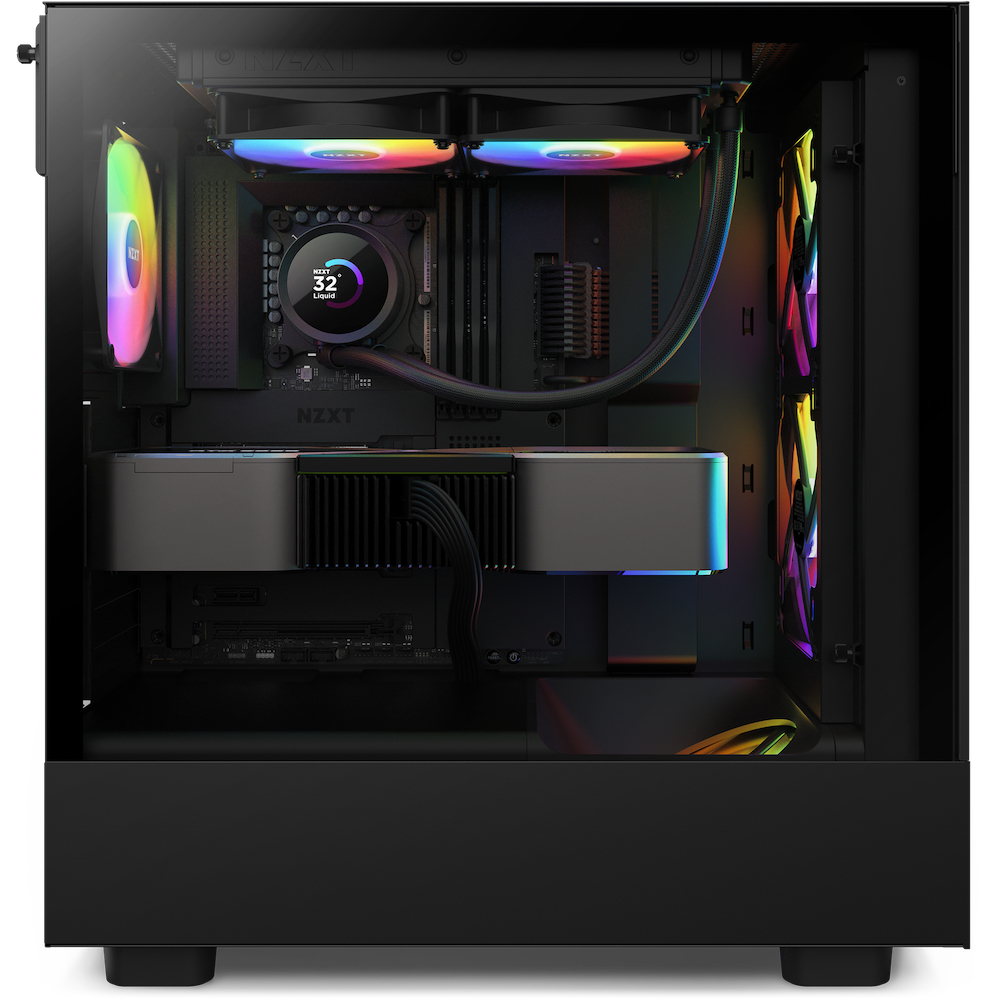 A black PC case with RGB fans, CPU cooler, and two graphics cards inside.