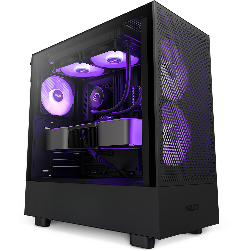 Black PC case with glass front, RGB fans, and GPU. Interior lighting is purple.