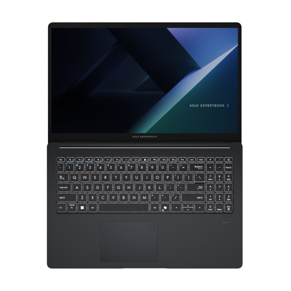 Czarny laptop Asus ExpertBook, otwarty od góry, z podświetlaną klawiaturą.