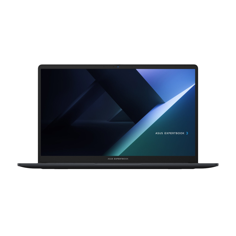 Zamknięty czarny laptop z abstrakcyjnym niebiesko-zielonym tłem na ekranie.