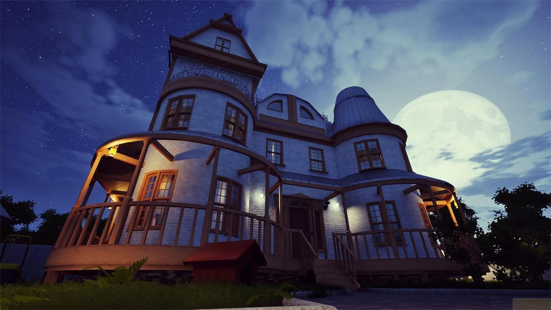 Une grande maison blanche aux accents bruns sous un ciel nocturne étoilé avec une pleine lune.
