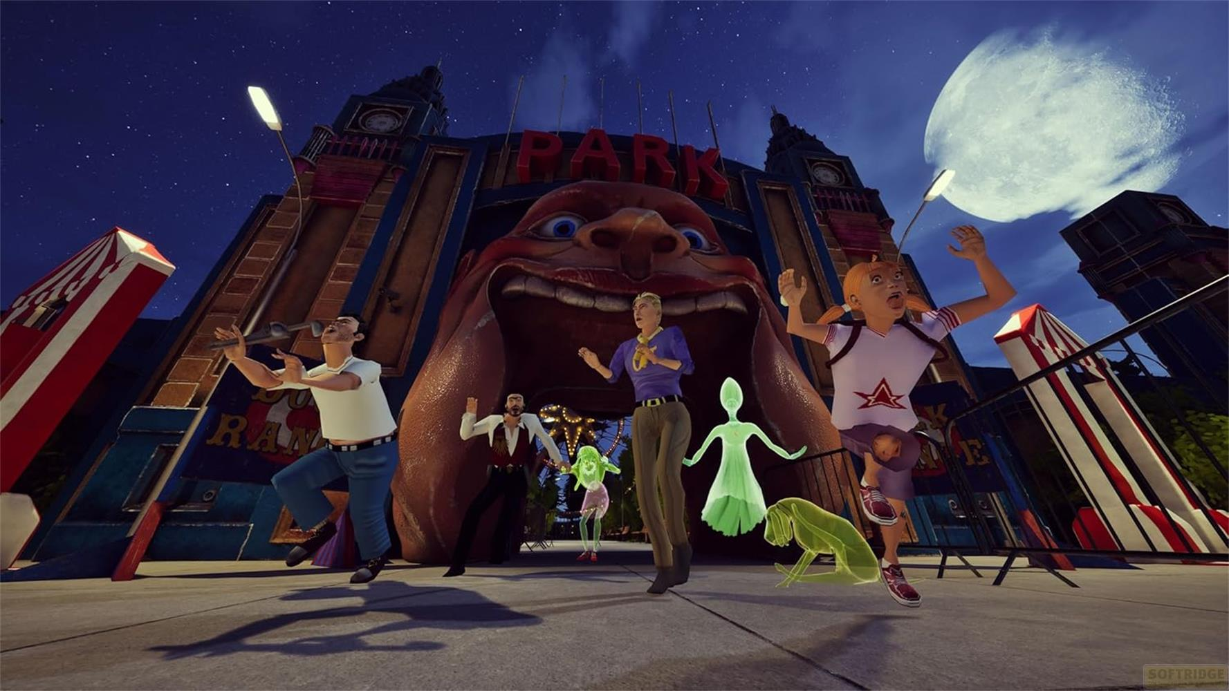 Des gens et des fantômes dansent devant une porte de fête foraine à visage géant.