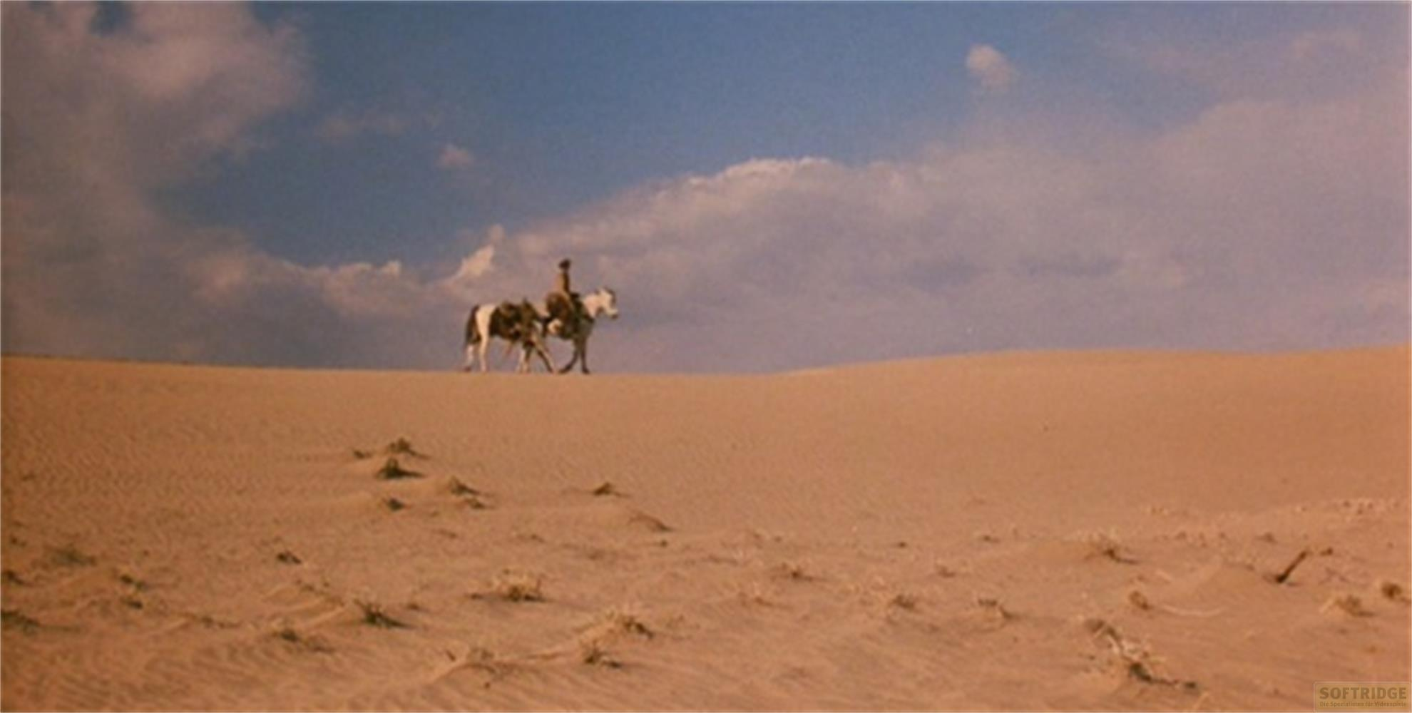 Un cavaliere su un cavallo attraversa una duna sabbiosa sotto un cielo nuvoloso.