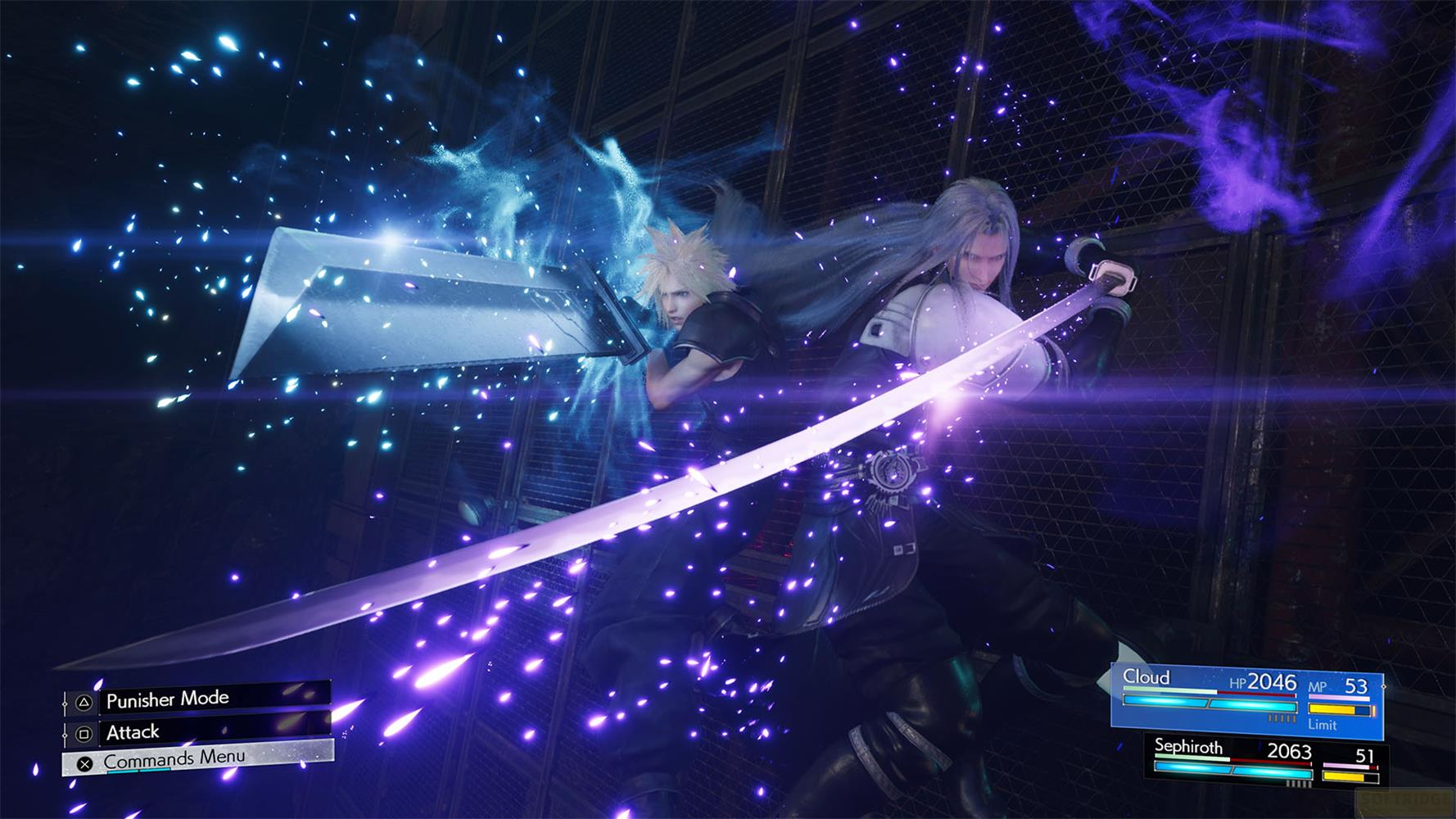 Cloud und Sephiroth kämpfen mit leuchtenden Schwertern in einer dunklen, rauchigen Umgebung.
