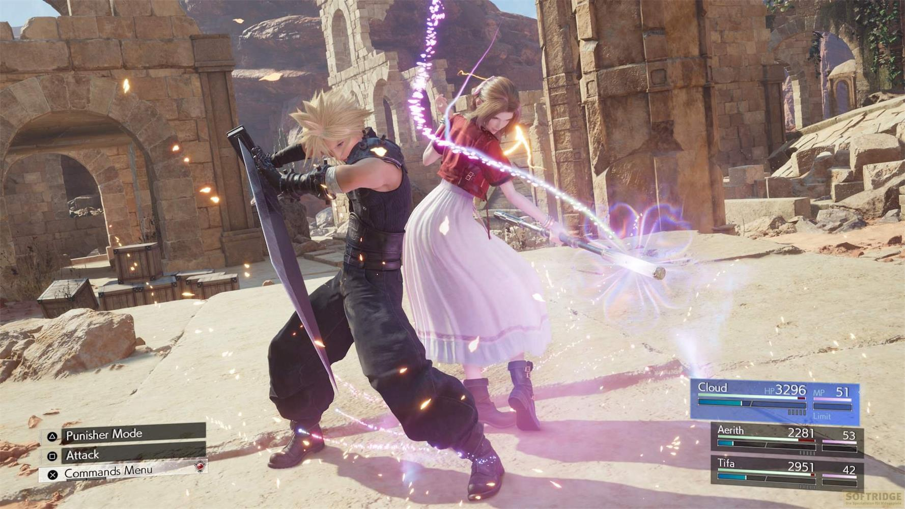 Cloud und Aerith kämpfen in einer Ruine mit magischen Angriffen.