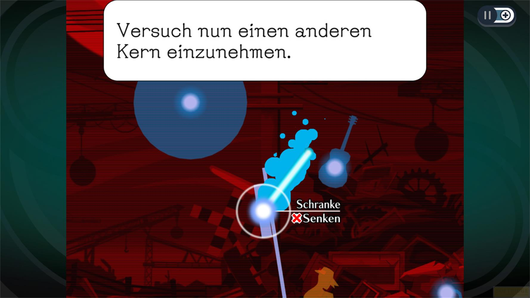 Scène de jeu avec texte en allemand, lumières bleues et guitare.