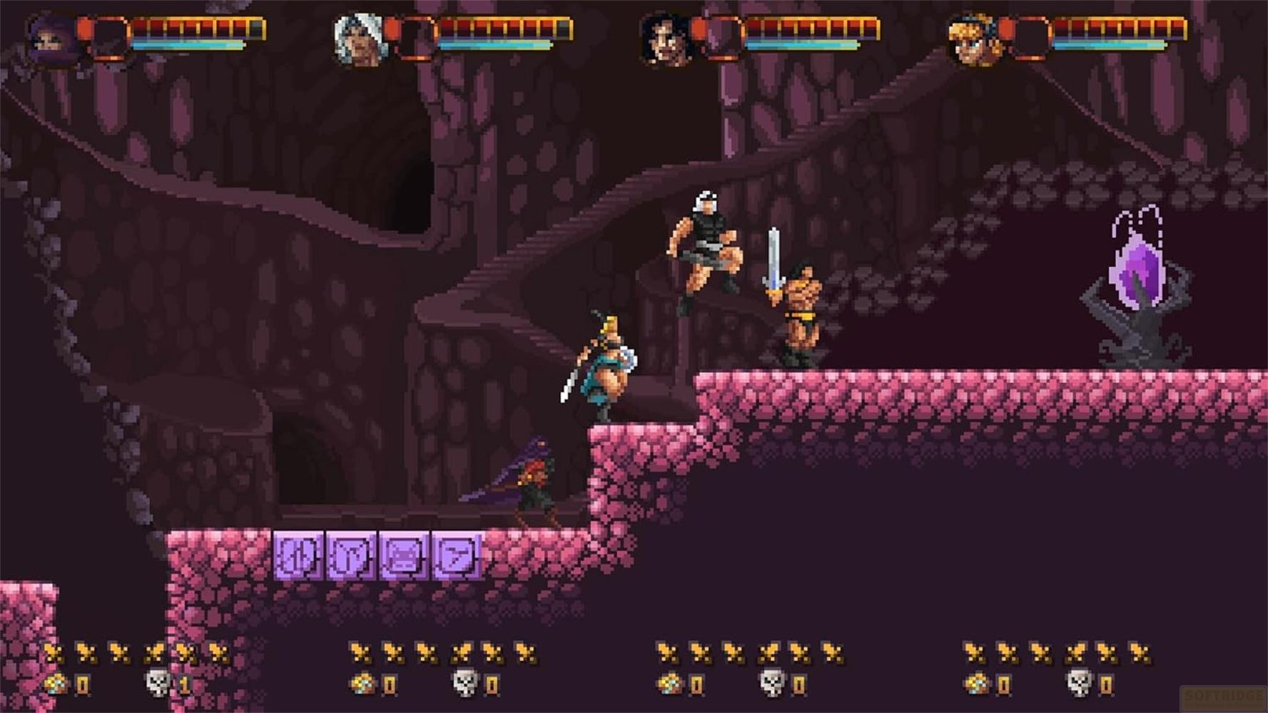 Pixel-Kampfspiel: Krieger mit Schwertern in violetter Höhle. Ladebalken oben.