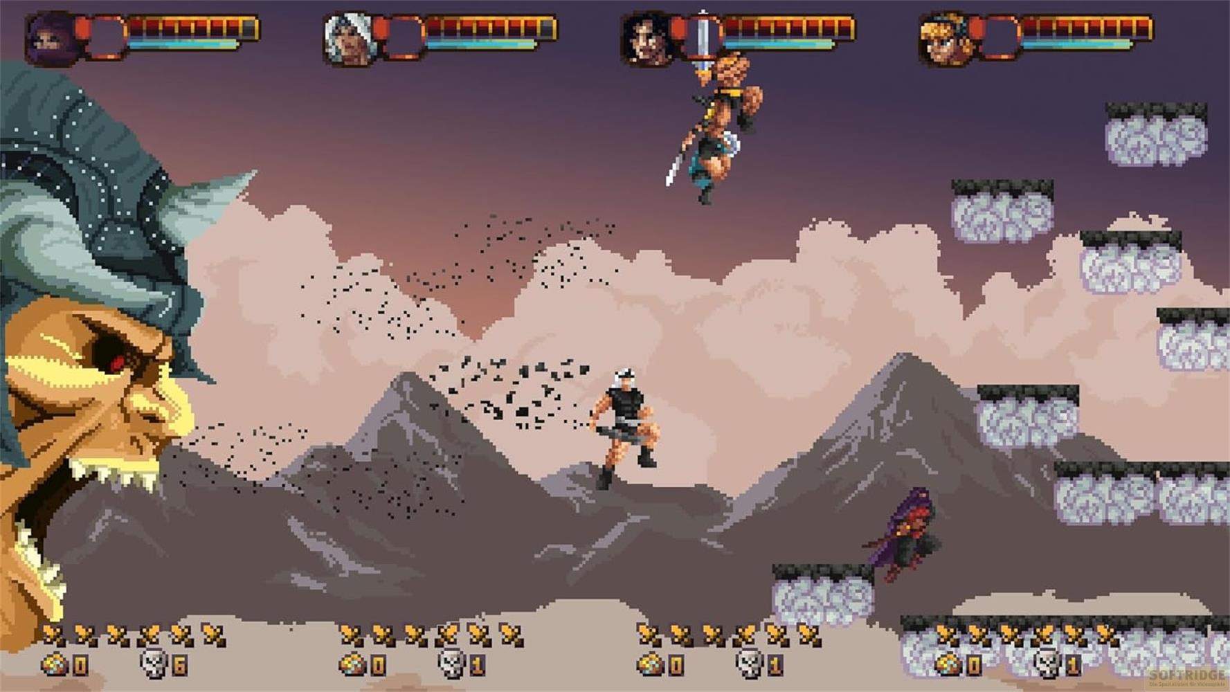Ein Monster-Videospiel mit Charakteren in der Luft und am Boden.
