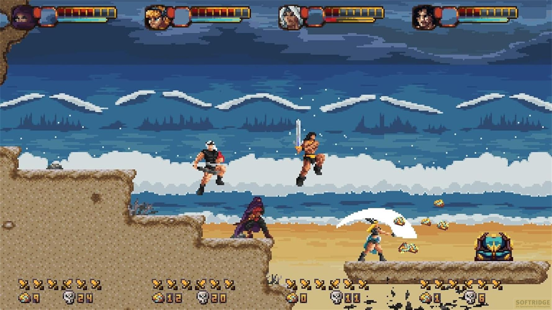 Pixel-Kampfspiel am Strand mit Kriegern, Wellen und einem Schatzkasten.