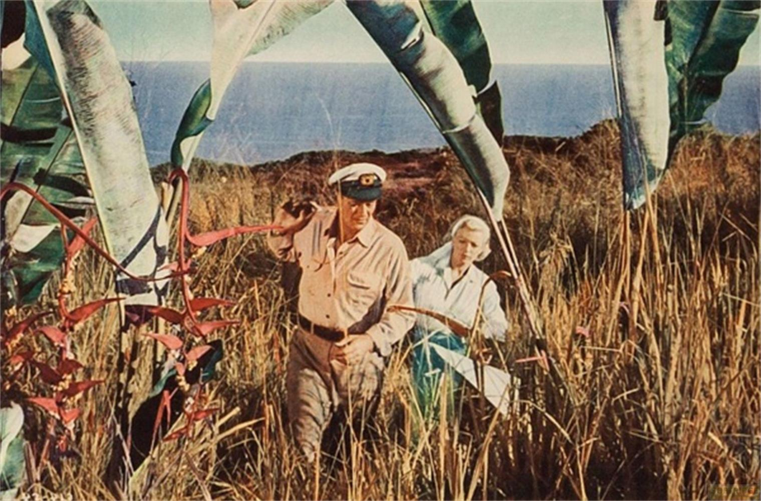 Ein Mann und eine Frau gehen durch hohes Gras am Meer, mit großen Blättern im Vordergrund.