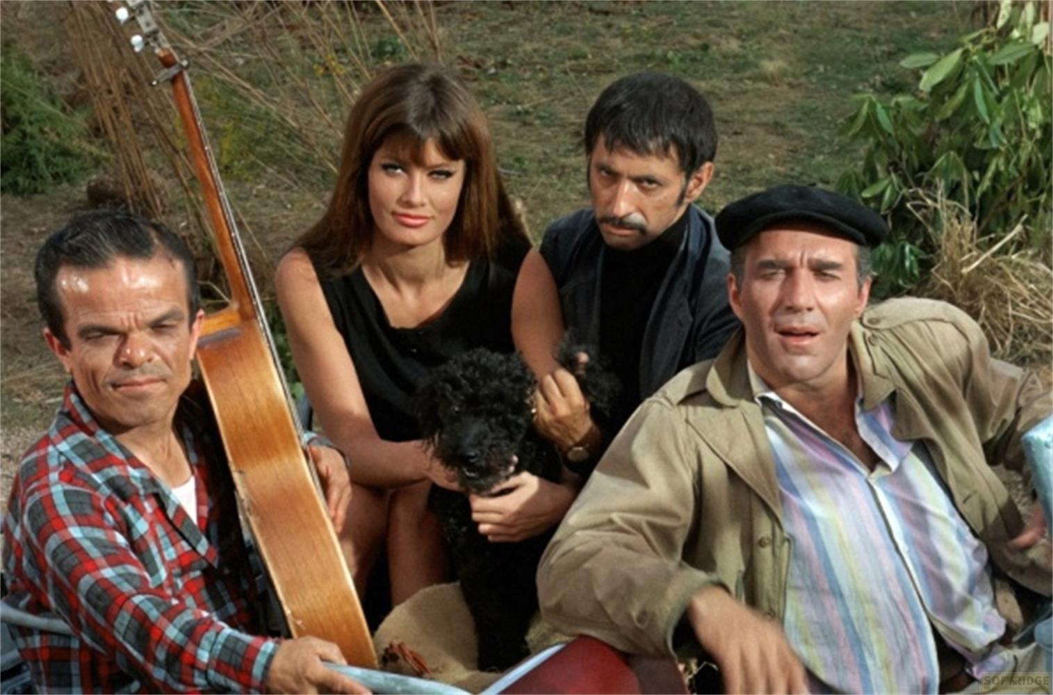 Quattro persone e un cane seduti all'aperto. Un uomo tiene una chitarra.