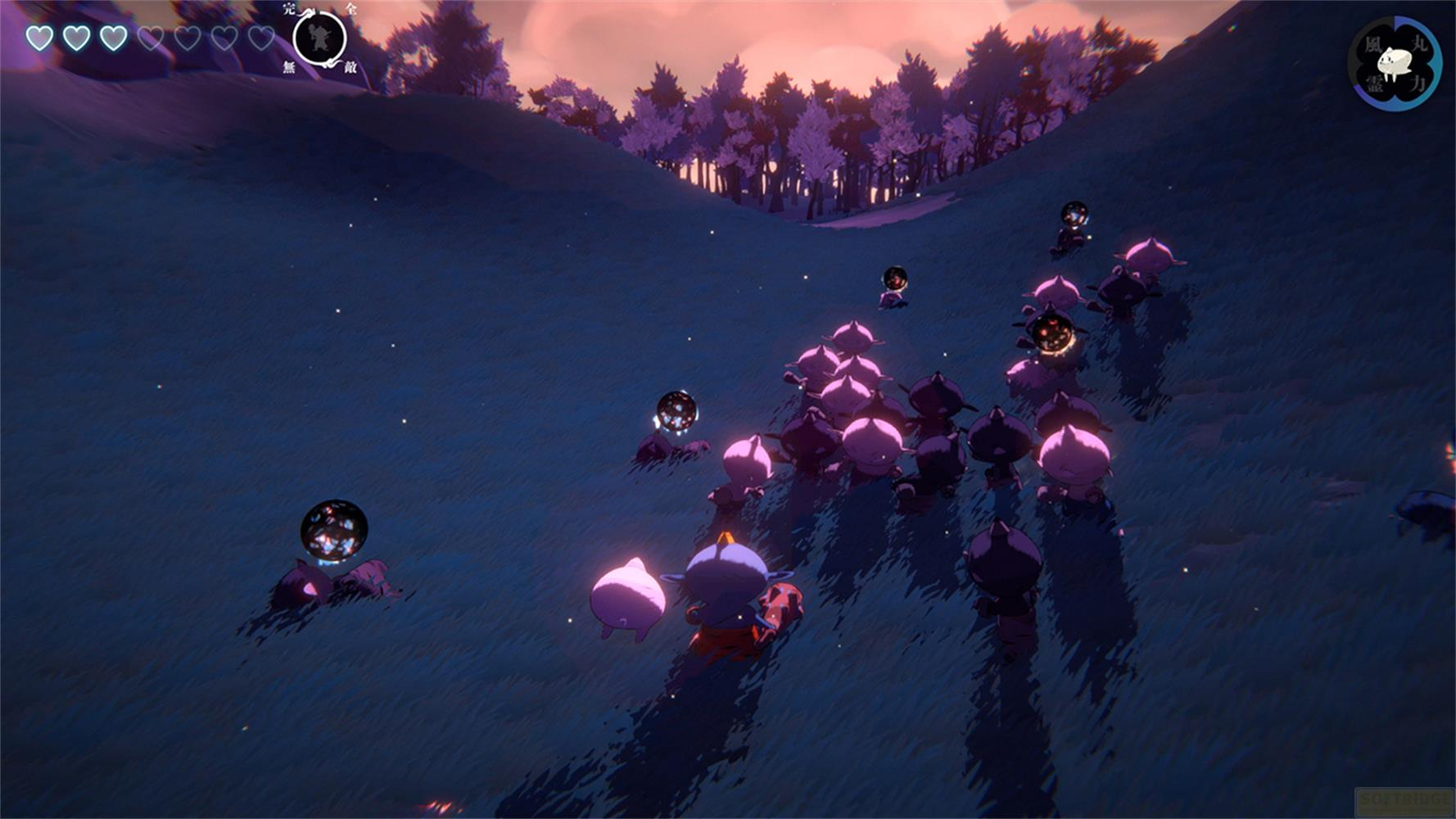 Eine Gruppe von lila Kreaturen auf einem hügeligen Feld bei Dämmerung.