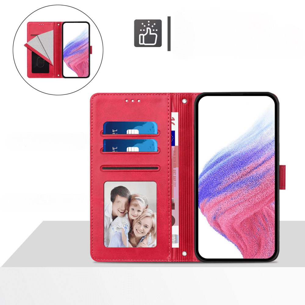 Portafoglio rosso con slot per carte, foto e smartphone con schermo rosa/blu.