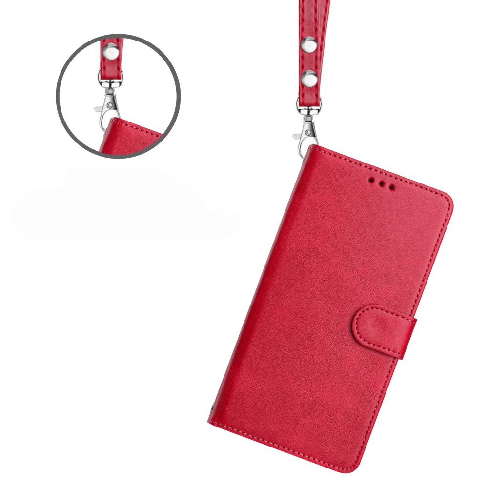 Custodia rossa in pelle per telefono con laccetto, dettaglio chiusura.