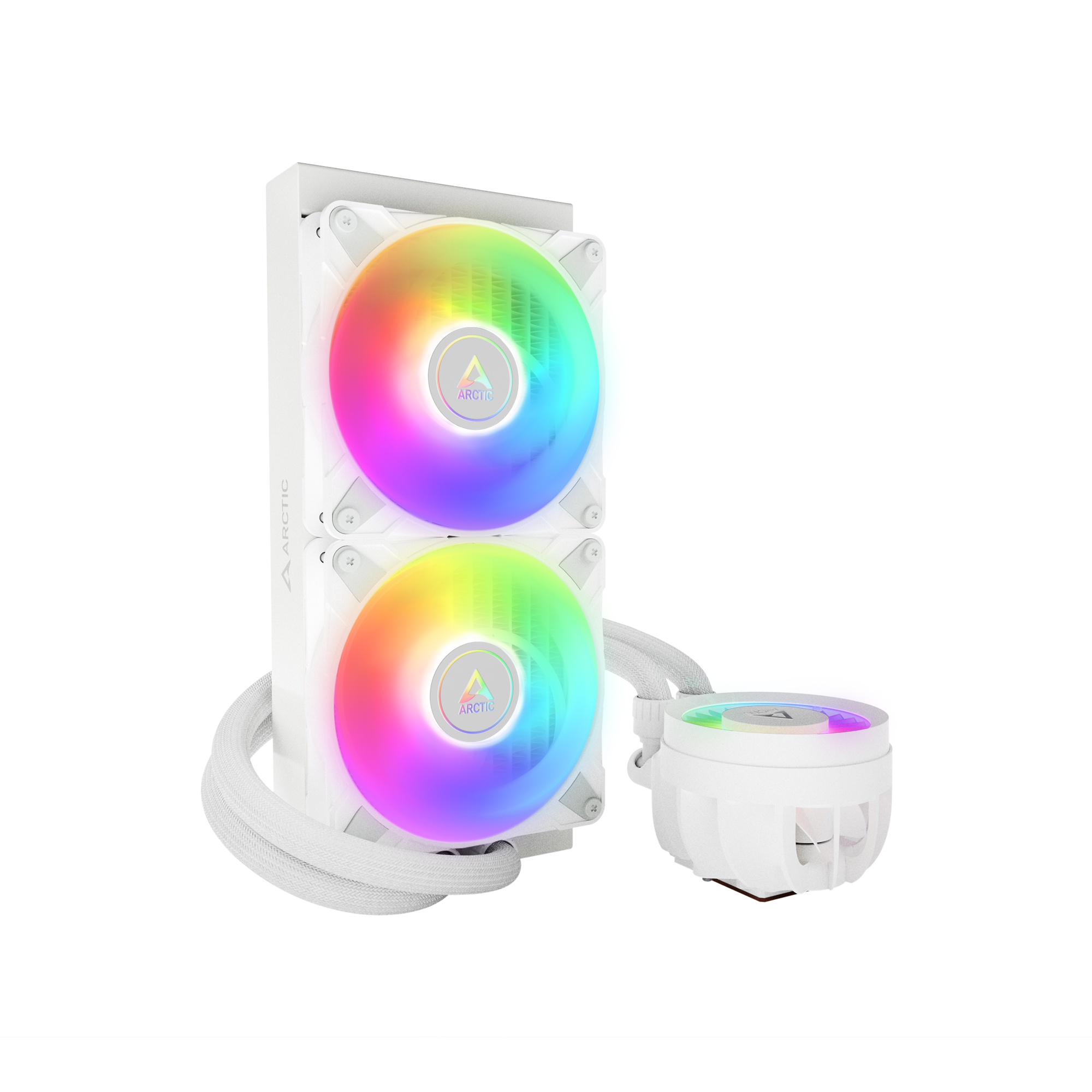 Un dissipatore CPU bianco con due ventole RGB e una pompa separata.