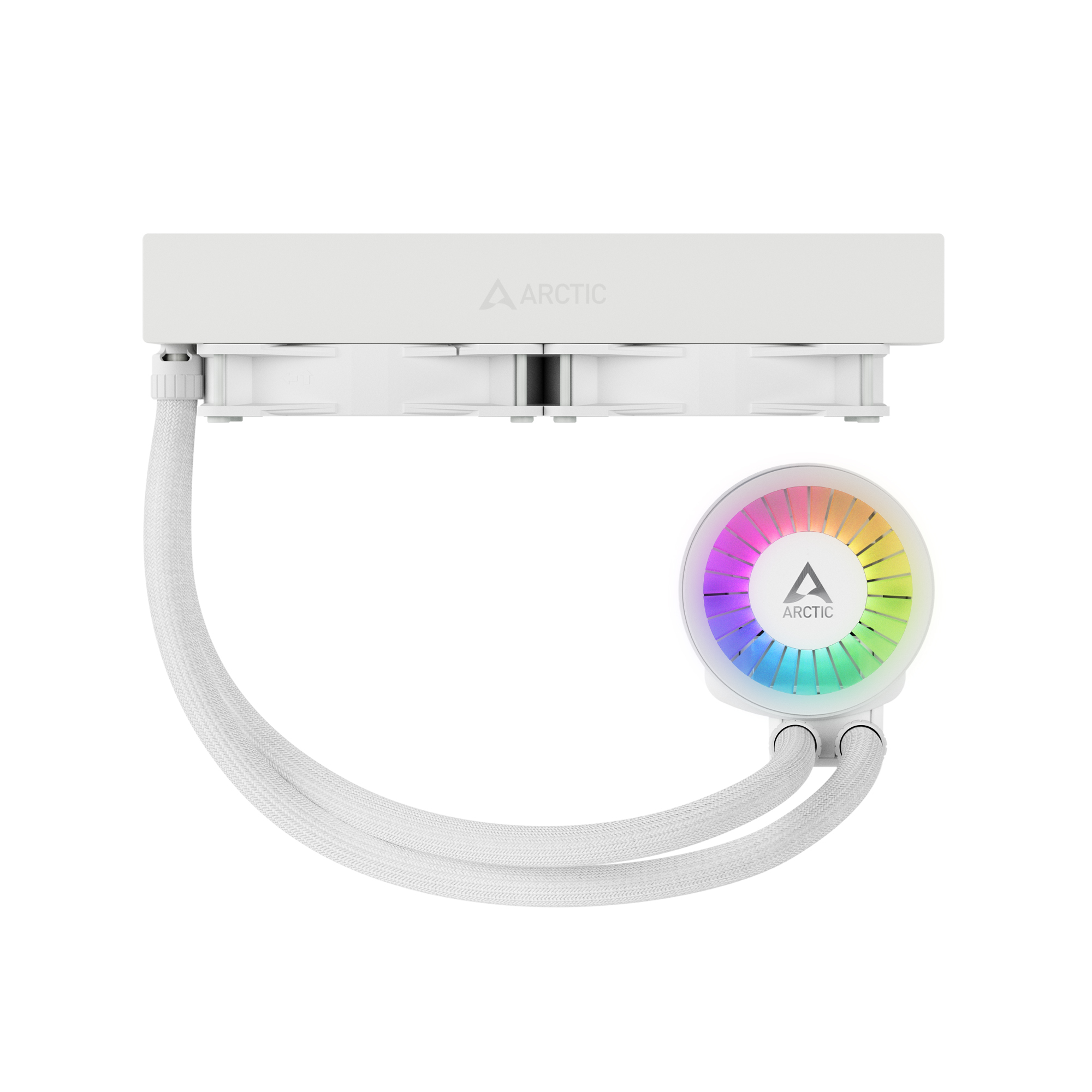 Un dissipatore per CPU ARCTIC bianco con illuminazione RGB e due ventole.