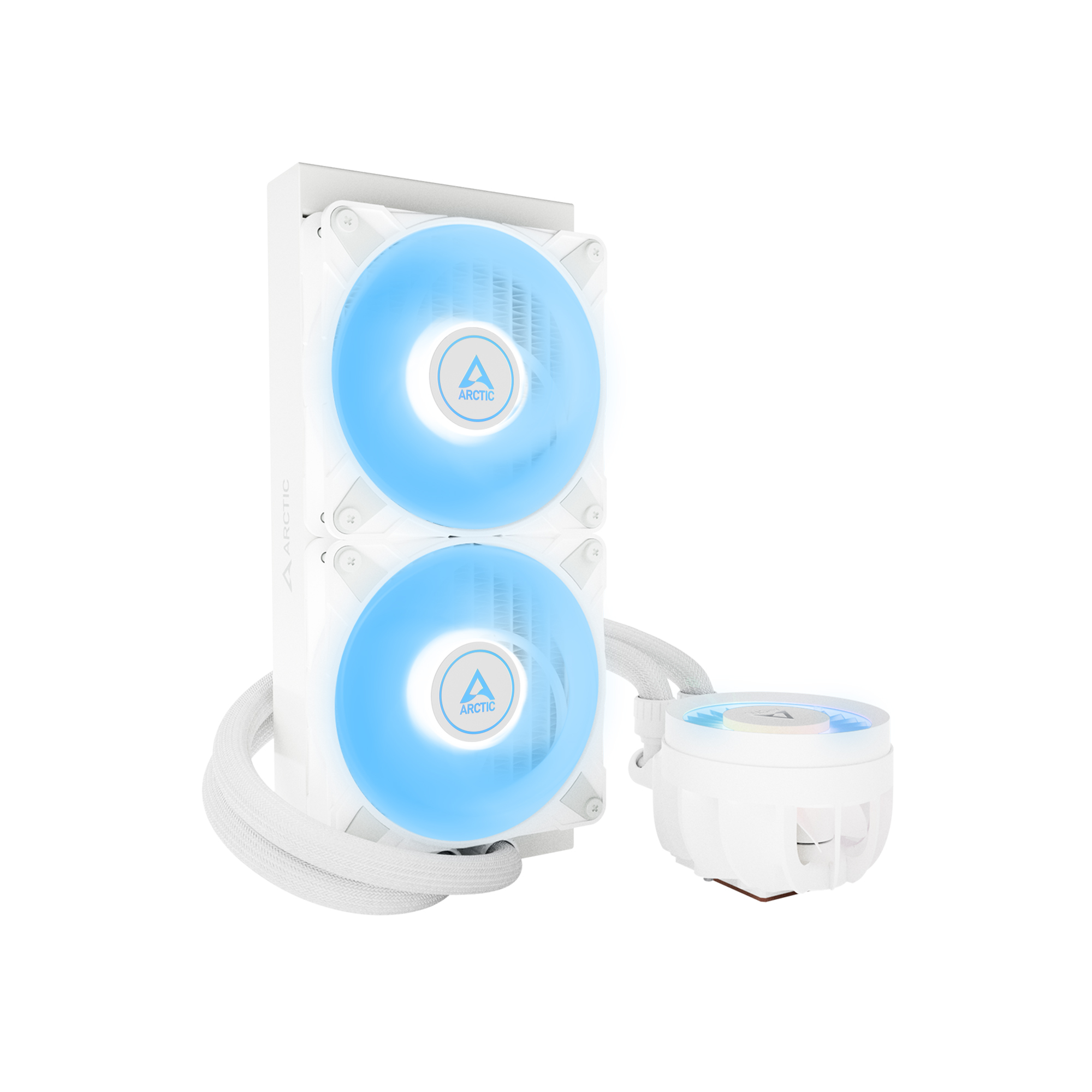 Un dissipatore per CPU bianco con due ventole blu illuminate e una testa della pompa.
