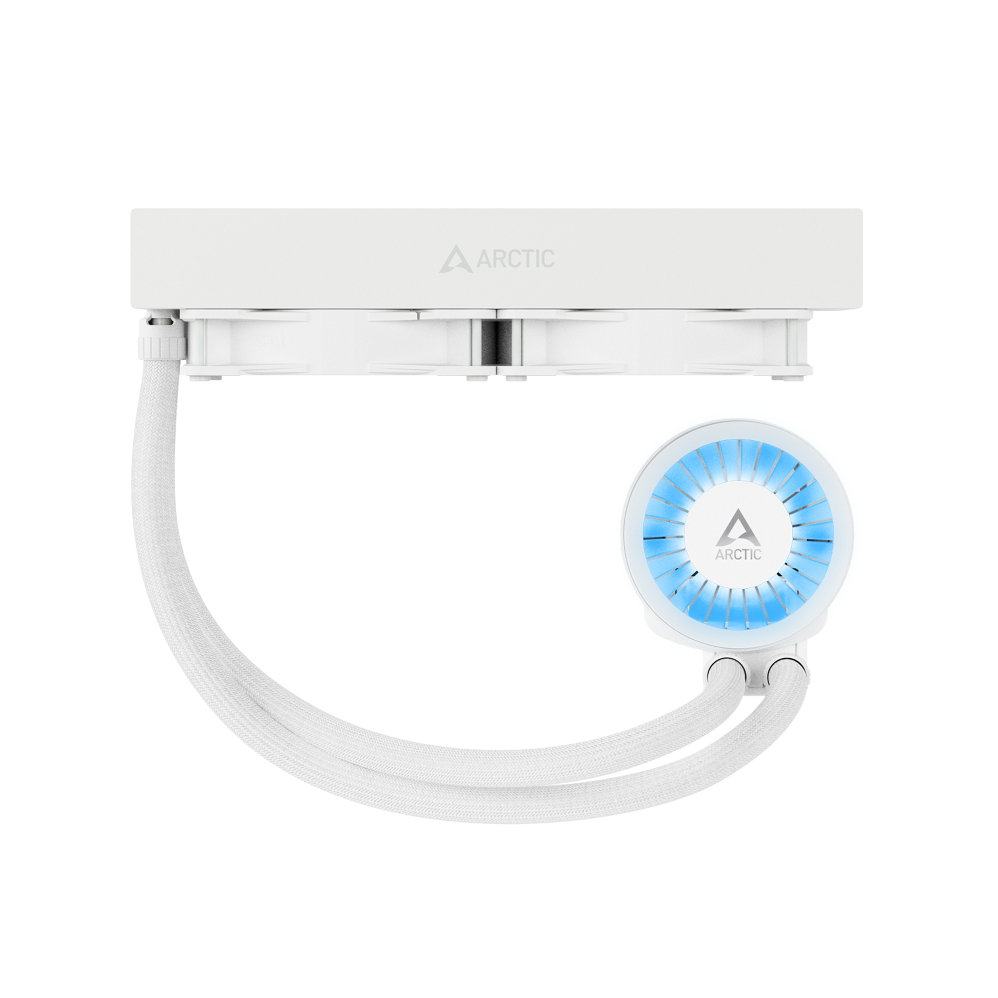 Un dissipatore CPU bianco con ventola illuminata blu e tubo bianco.