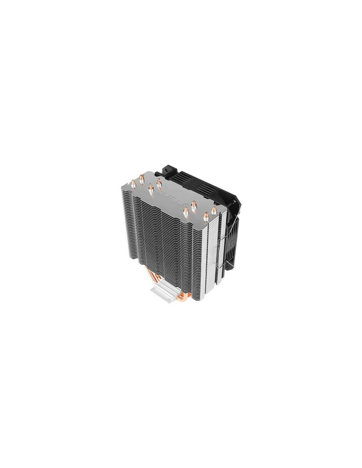 Un enfriador de CPU plateado con ventilador negro y tubos de calor de cobre.