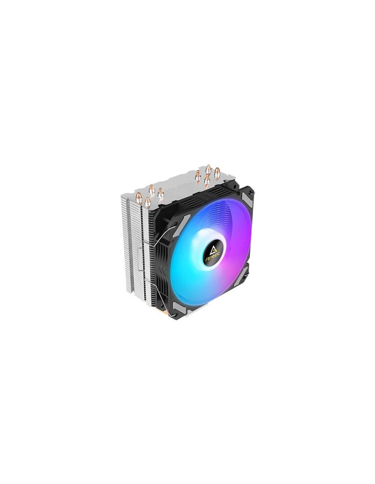 Un enfriador de CPU con ventilador multicolor, aletas de aluminio y tubos de cobre.