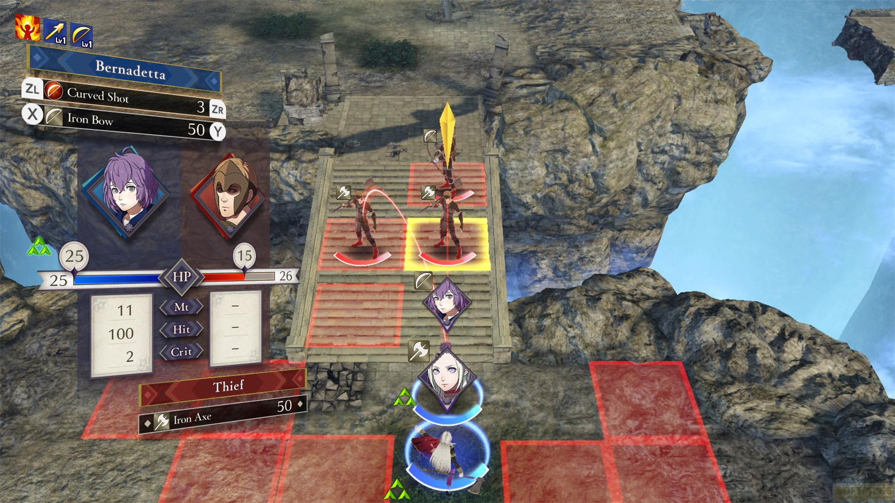 Combat RPG tactique: un personnage aux cheveux violets sur des escaliers.