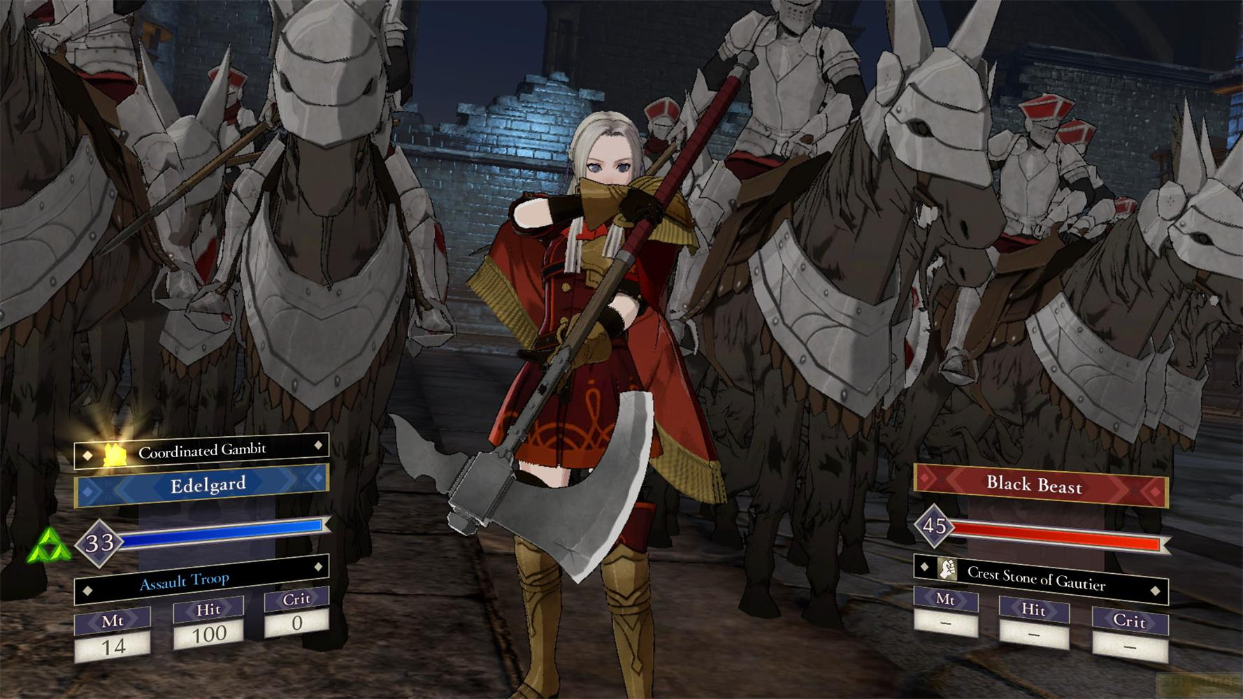 Edelgard en armure tient une hache, devant des chevaux blindés.