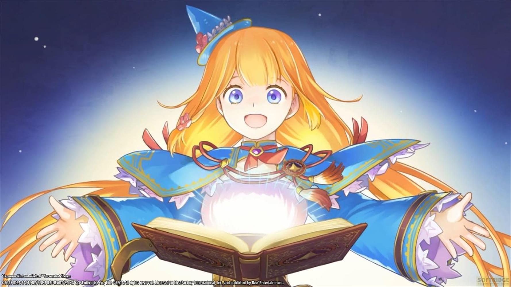 Una ragazza dai capelli arancioni in abito blu apre un libro da cui emana luce.