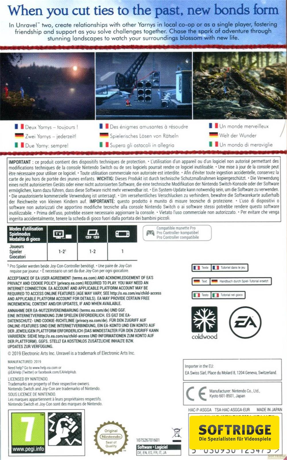 Emballage du jeu Nintendo Switch avec infos, logos et classification d'âge 7.