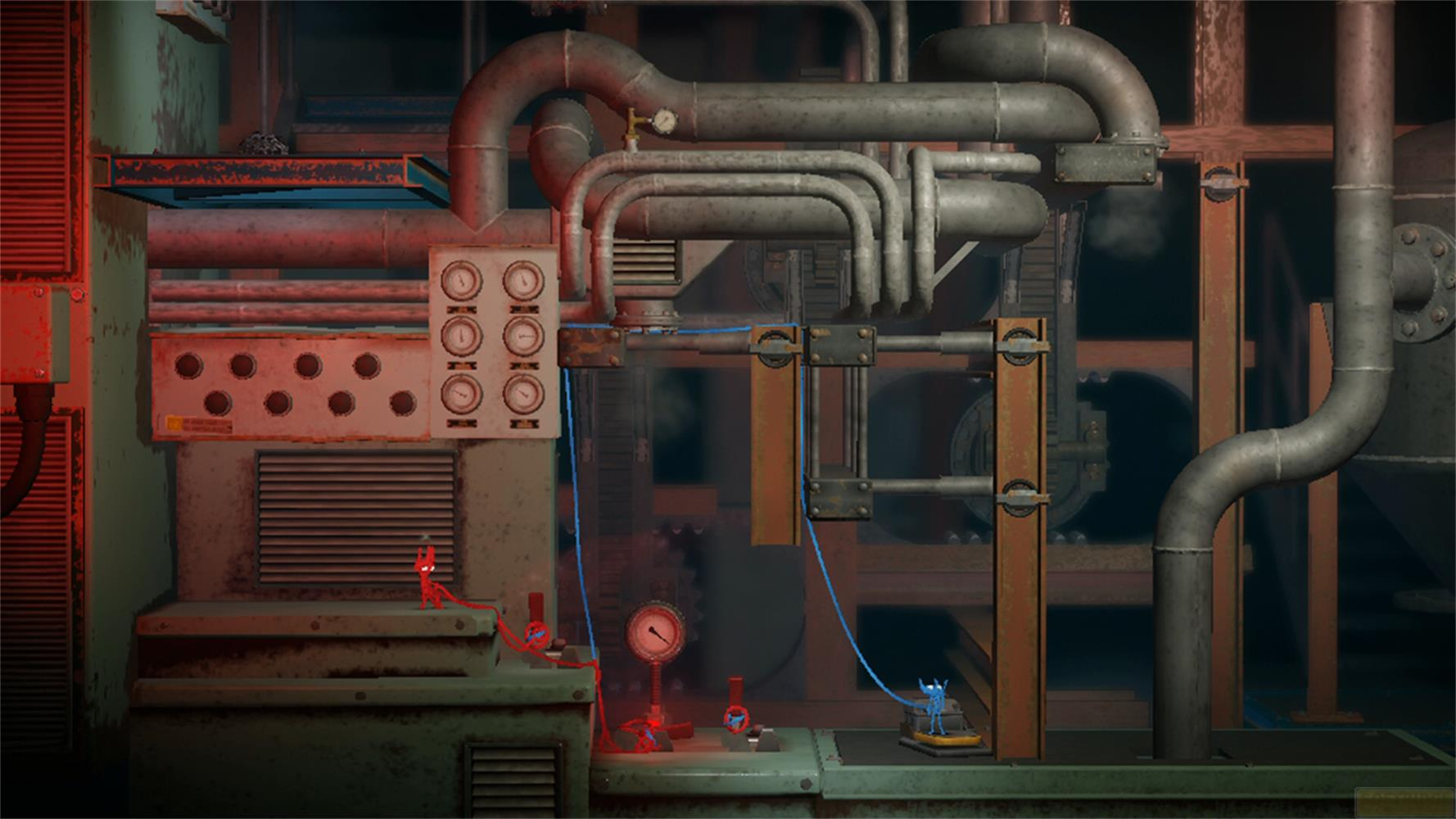 Deux personnages dans une usine avec tuyaux et jauges.
