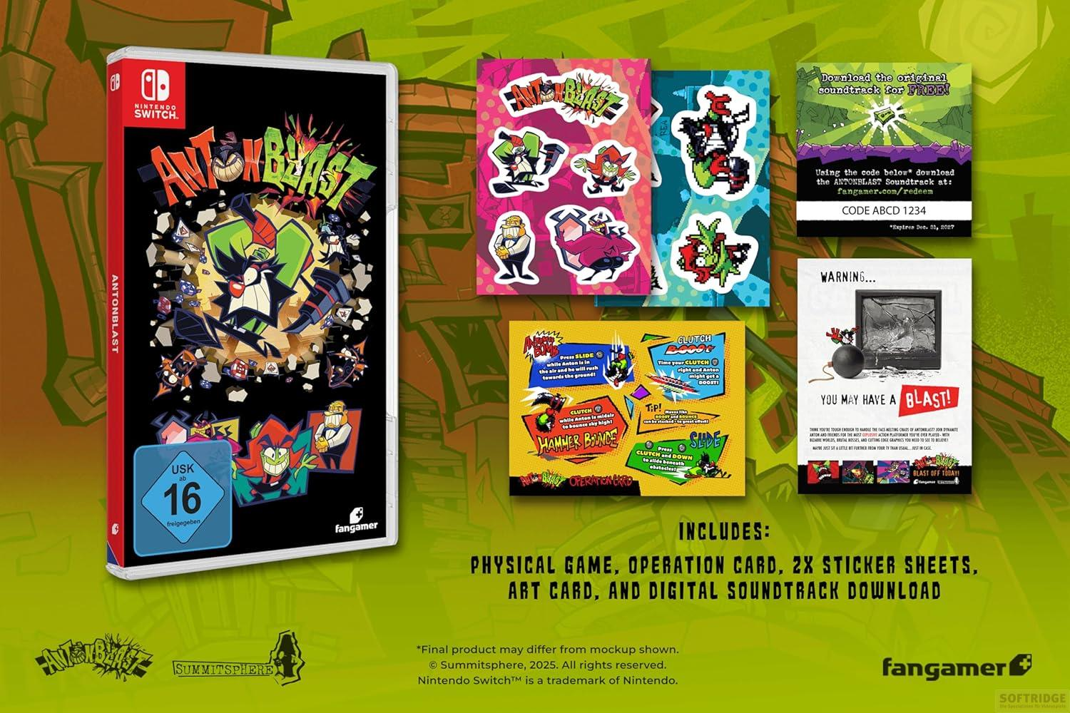 Jeu Nintendo Switch "Antonblast" avec autocollants, carte artistique, code de bande son et carte opération.