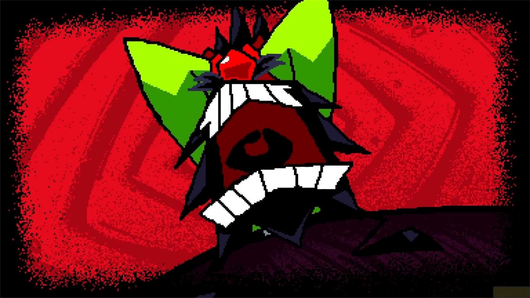 Un personnage en pixel art avec la bouche ouverte et des dents pointues sur fond rouge.