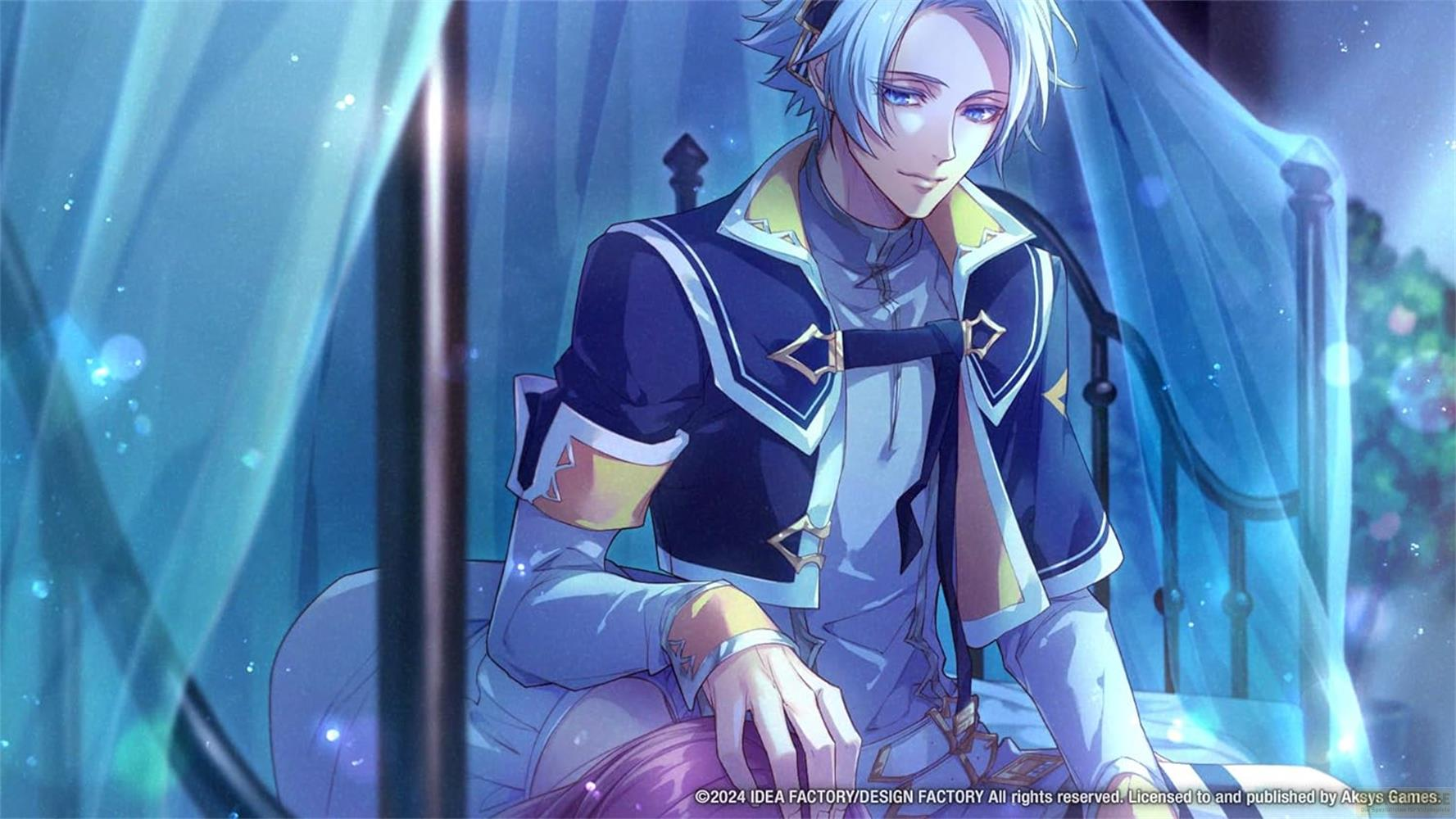 Uomo anime con occhi blu, capelli bianchi e abito blu/oro seduto su un letto.