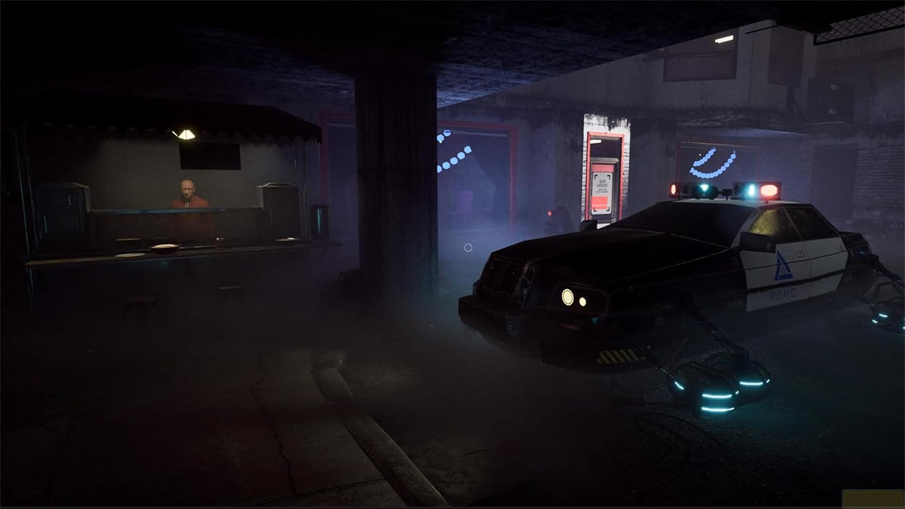 Ein futuristisches Polizeiauto mit blauen Lichtern steht vor einem Gebäude. Ein Mann steht an einem Schalter.