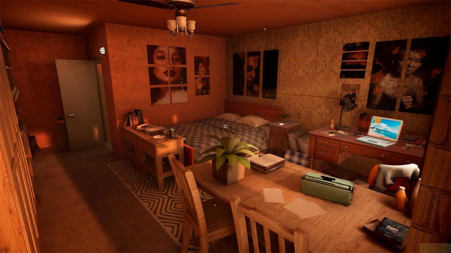 Ein Schlafzimmer mit einem Bett, zwei Schreibtischen, einem Esstisch und Kunst an den Wänden.