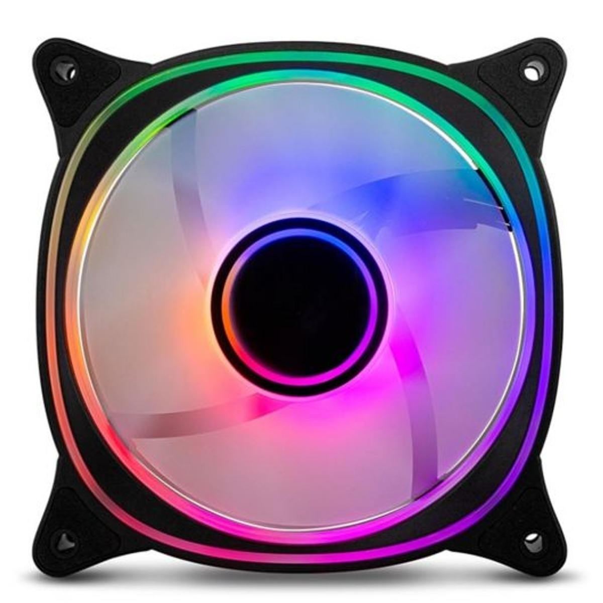 Ventilador negro para PC con LEDs RGB de colores sobre fondo blanco.