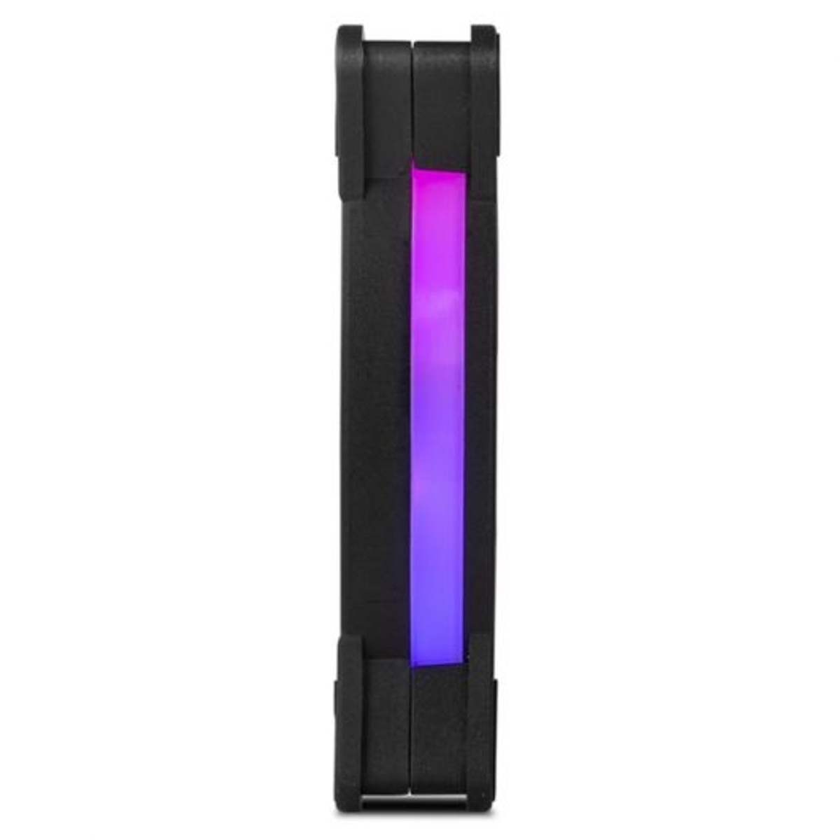 Objeto negro con iluminación LED vertical morada y rosa.
