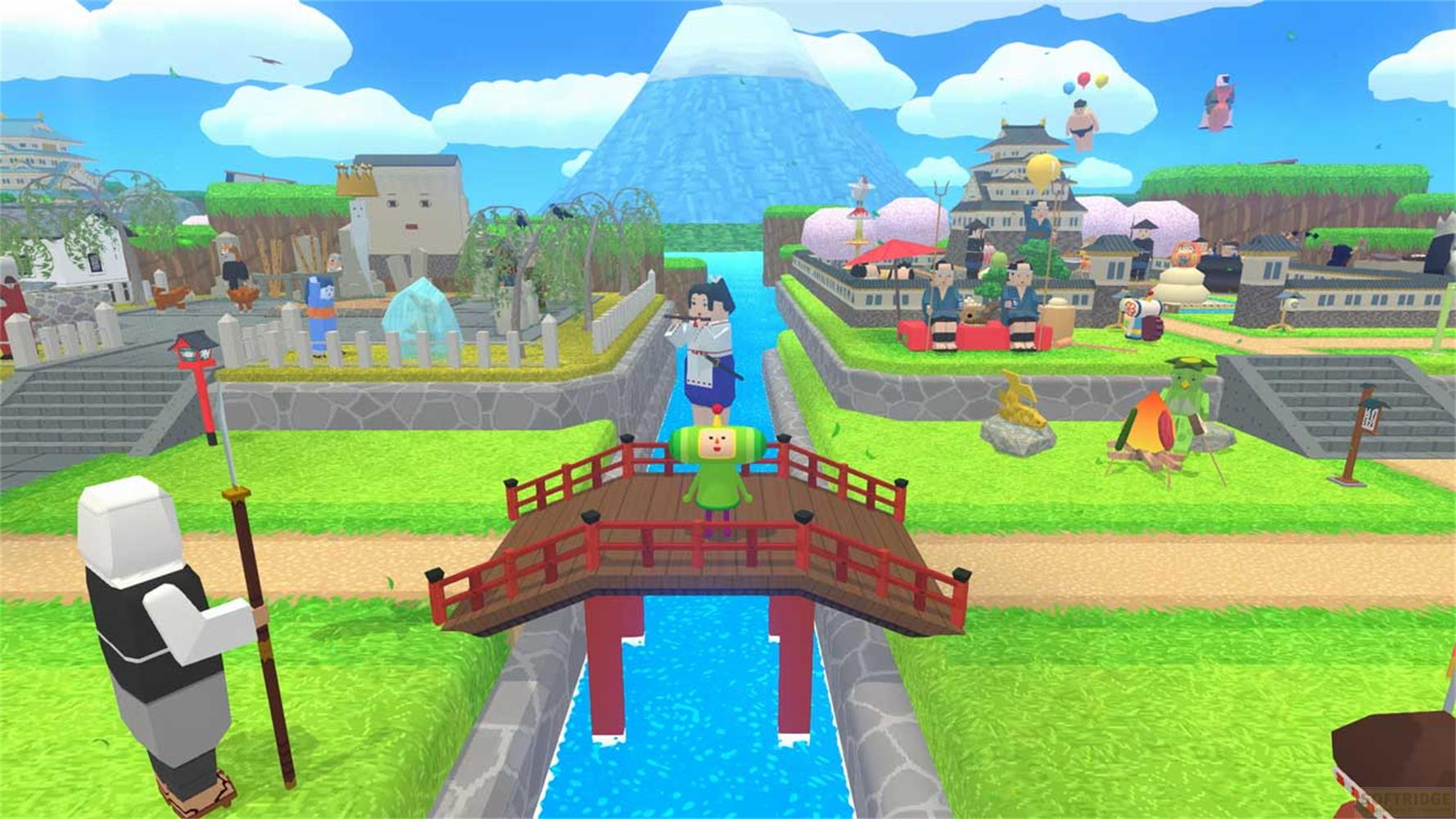 Eine bunte, stilisierte japanische Stadt mit Berg im Hintergrund.