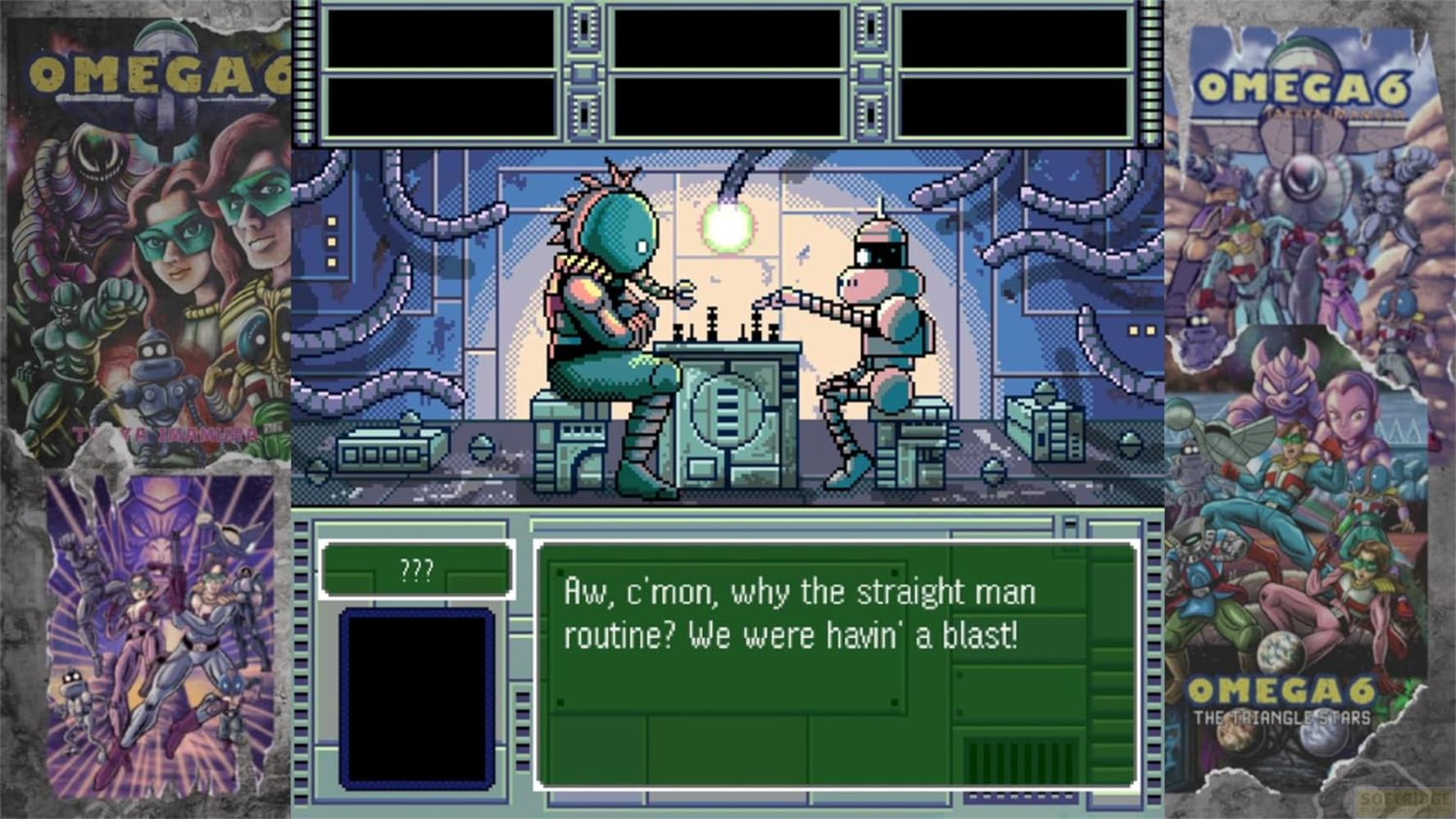 Dwa roboty grają w szachy w retrofuturystycznym pokoju. Po lewej są plakaty.