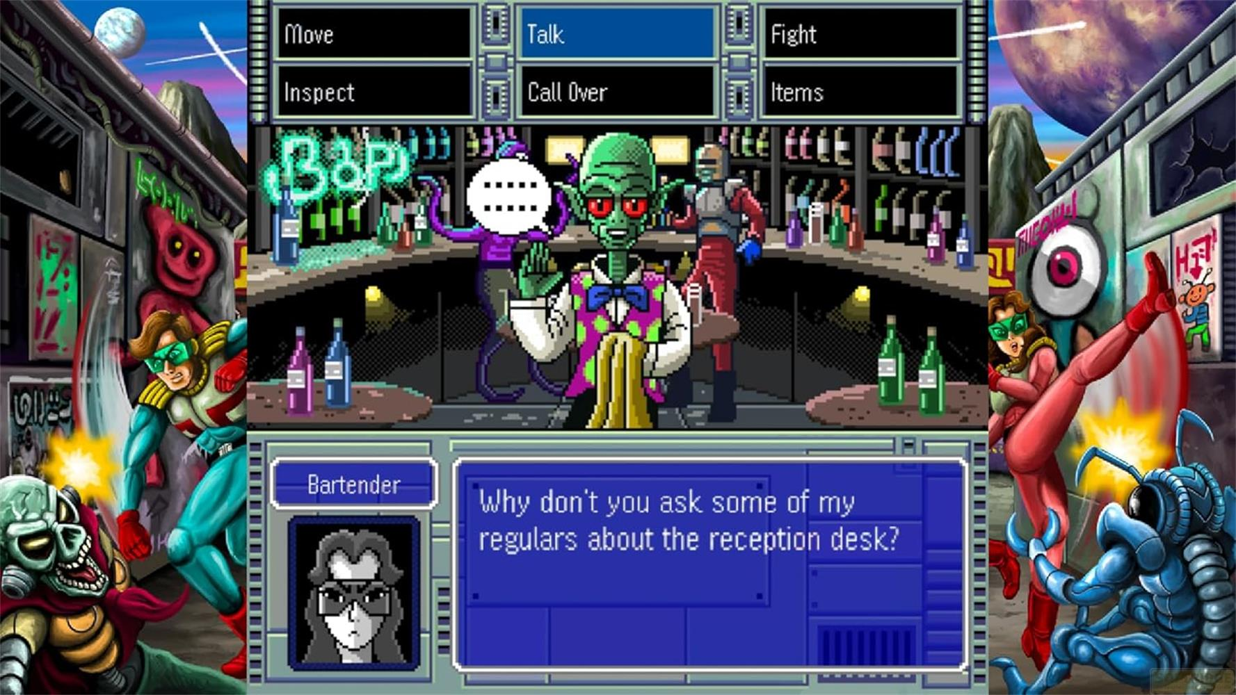 Scena gry w stylu pixel art z postaciami, barem i oknem dialogowym.